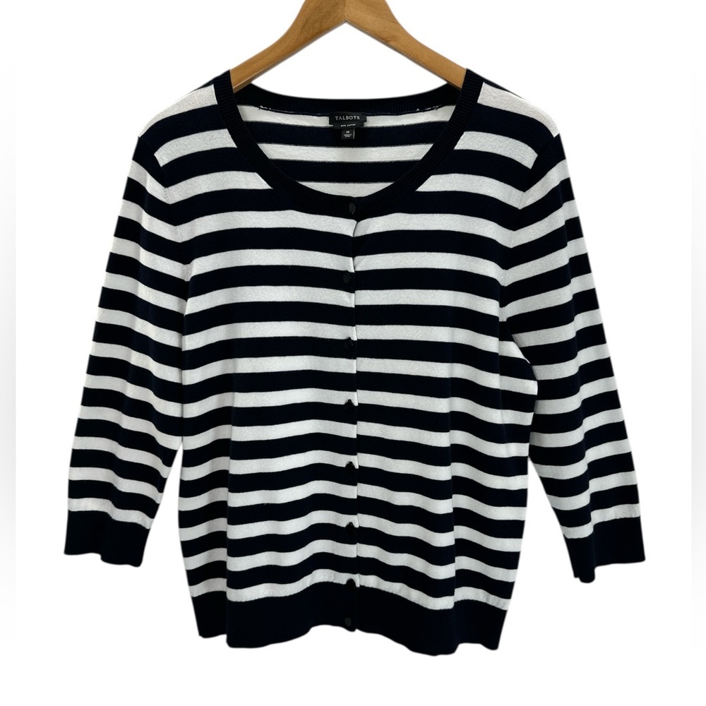 Talbots Nautical Navy White Stripe Cardigan Pima Cotton 3/4 Sleeve Classic Med